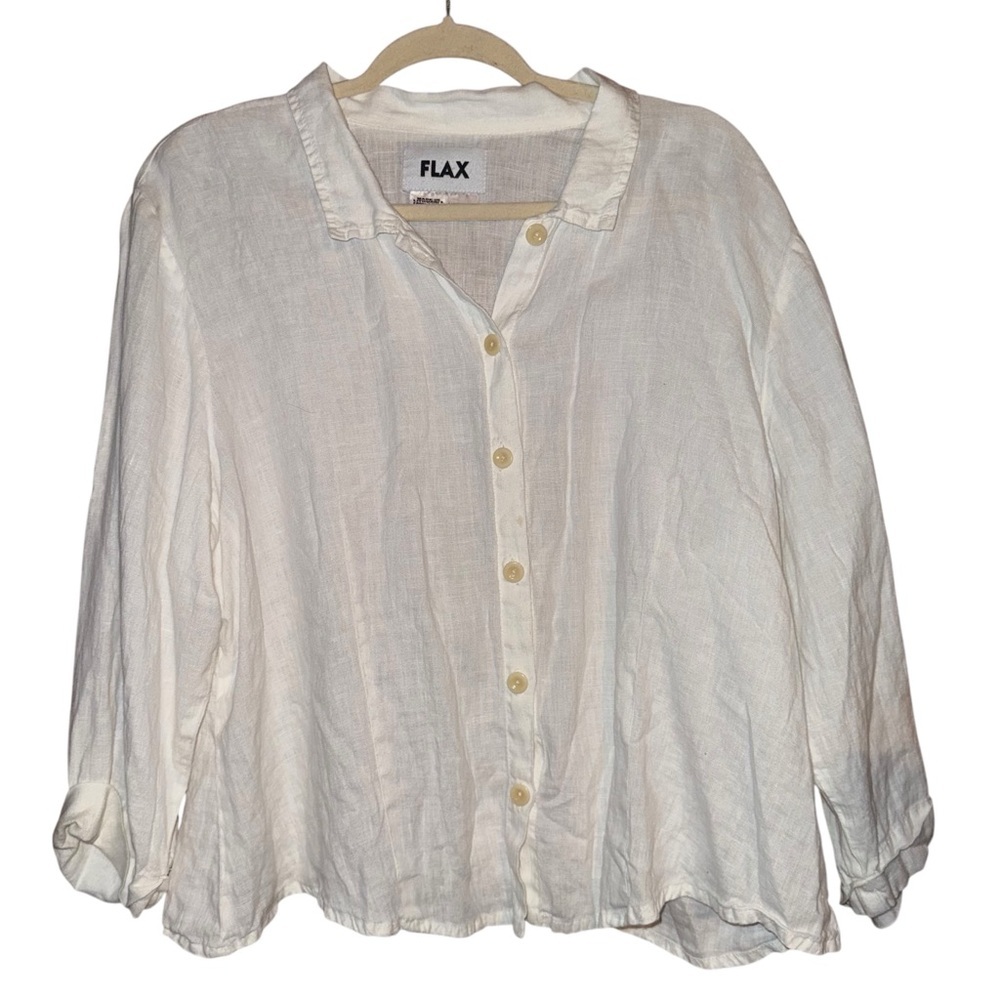 FLAX By Jeanne Engelhart Button Down White Linen Shirt Top Size Large - Picture 2 of 11